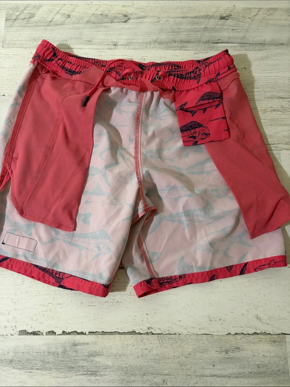 Vineyard Vines Coral Swim Trunks with Navy Fish Print